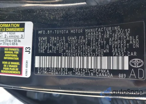 2012 Toyota Corolla Le z USA, uszkodzony, nr VIN 2T1BU4EE5CC833750